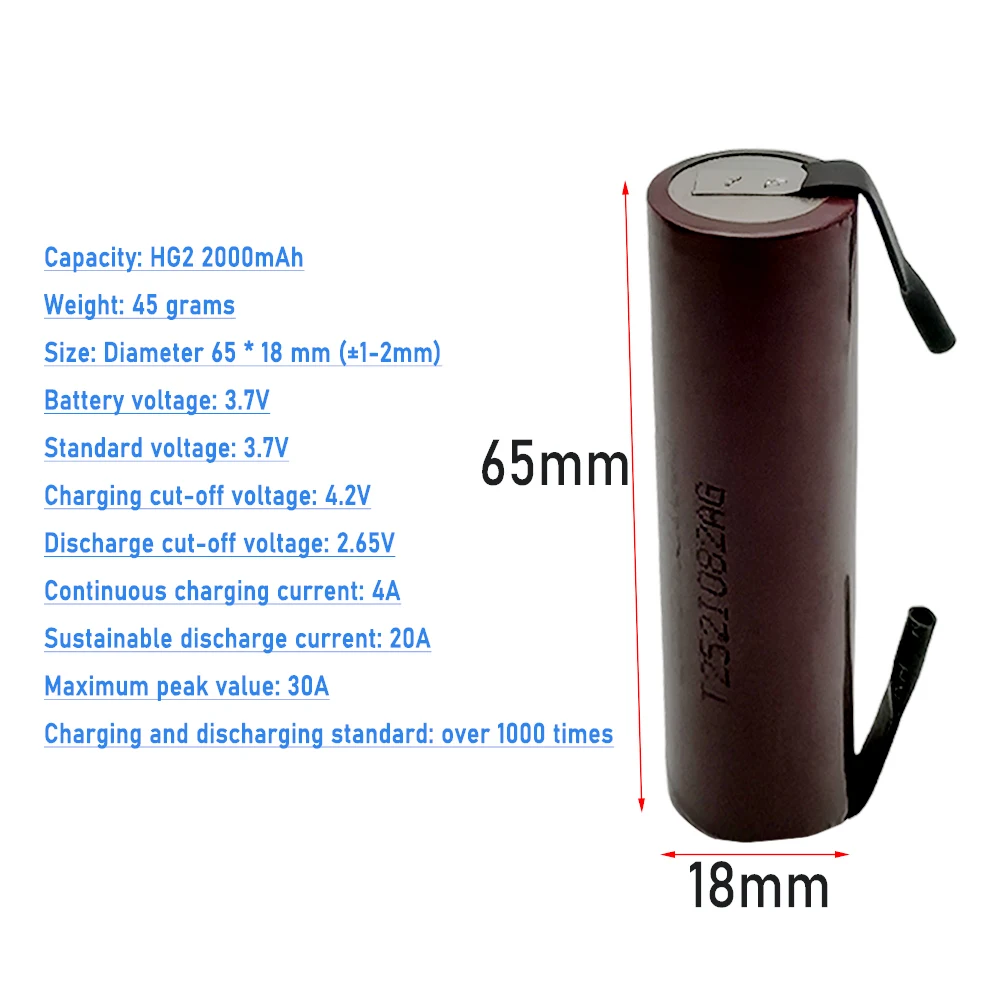 

18650 HG2 Original Battery 2000mAh 3.7V High Drain Rechargeable Battery With Nickel Strips For Power Tools DIY Projects