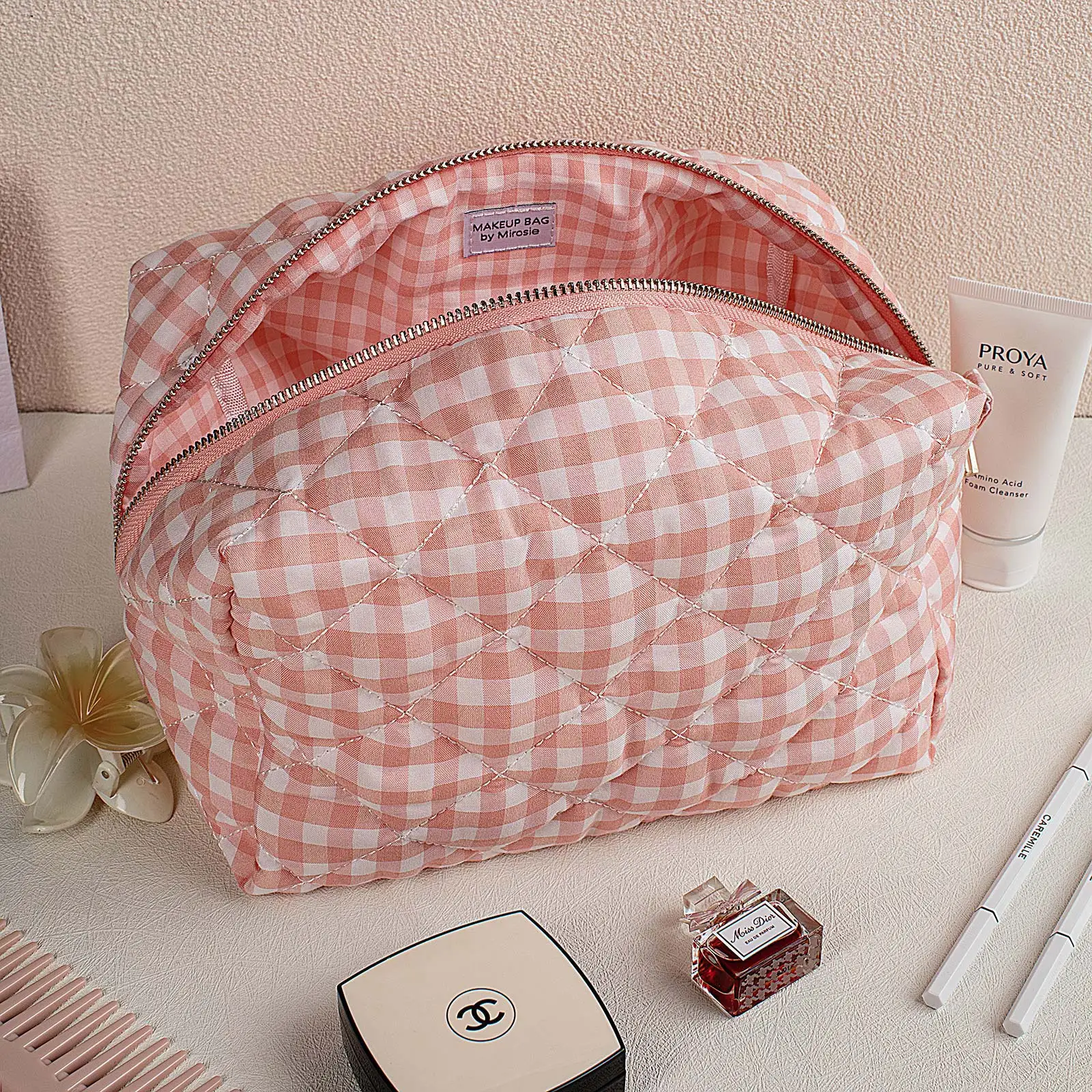 MIROSIE-Pretty Pink Gingham Print Makeup Bag with Zipper, Portable Travel Skincare Storage Pouch, Makeup Organizer, Big Size