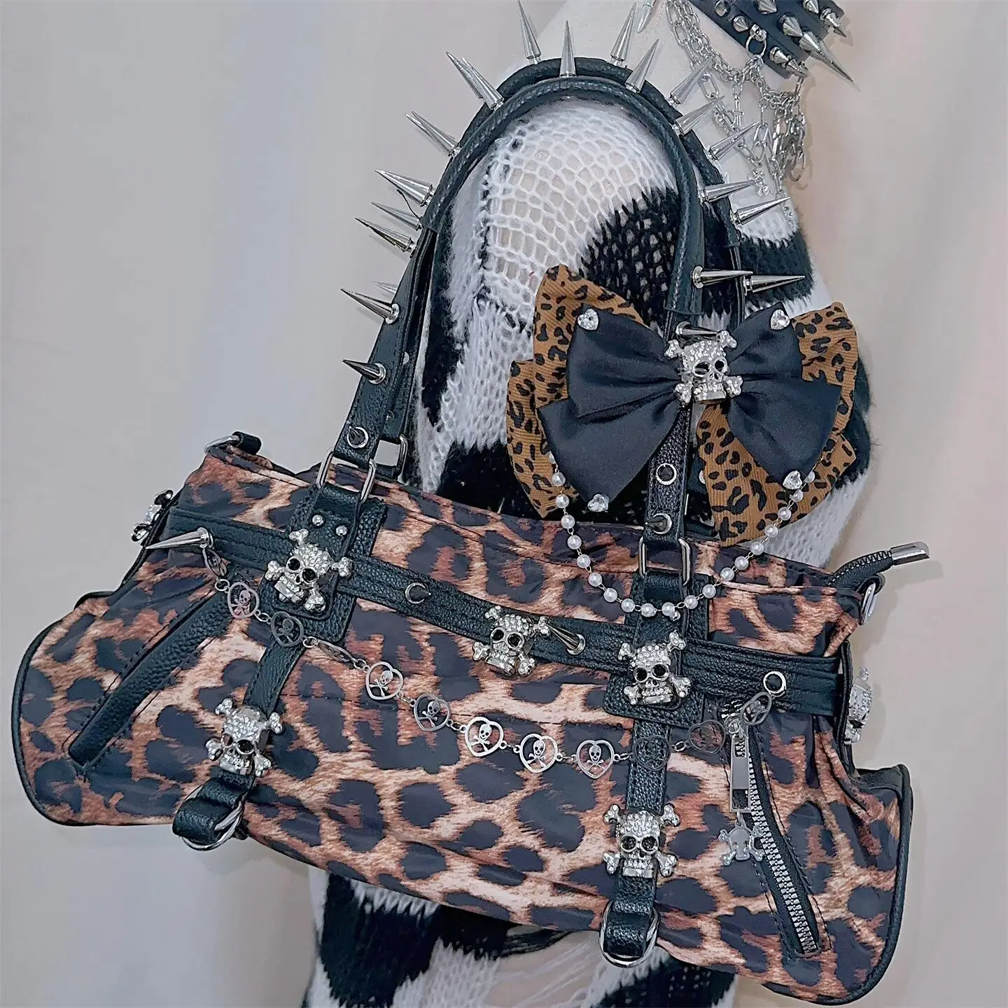 Rivet PU Leather Punk Rock Underarm Bag for Women's Shoulder Bag Harajuku Y2K Spice Girl Leopard Print Bags