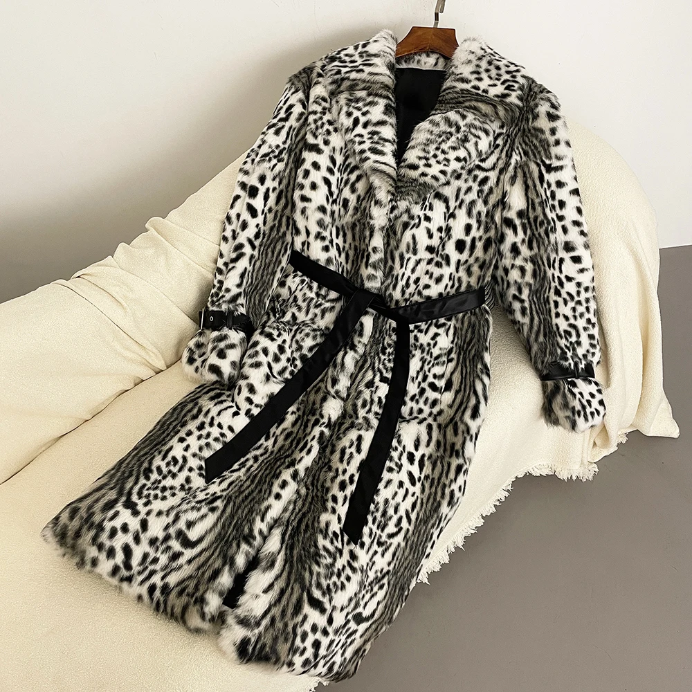 Autumn Winter Rabbit Fur Coat Over Knee Whole Leather Imported Women Fashion Leopard Print Coat Thickened Warm Fur Integrated