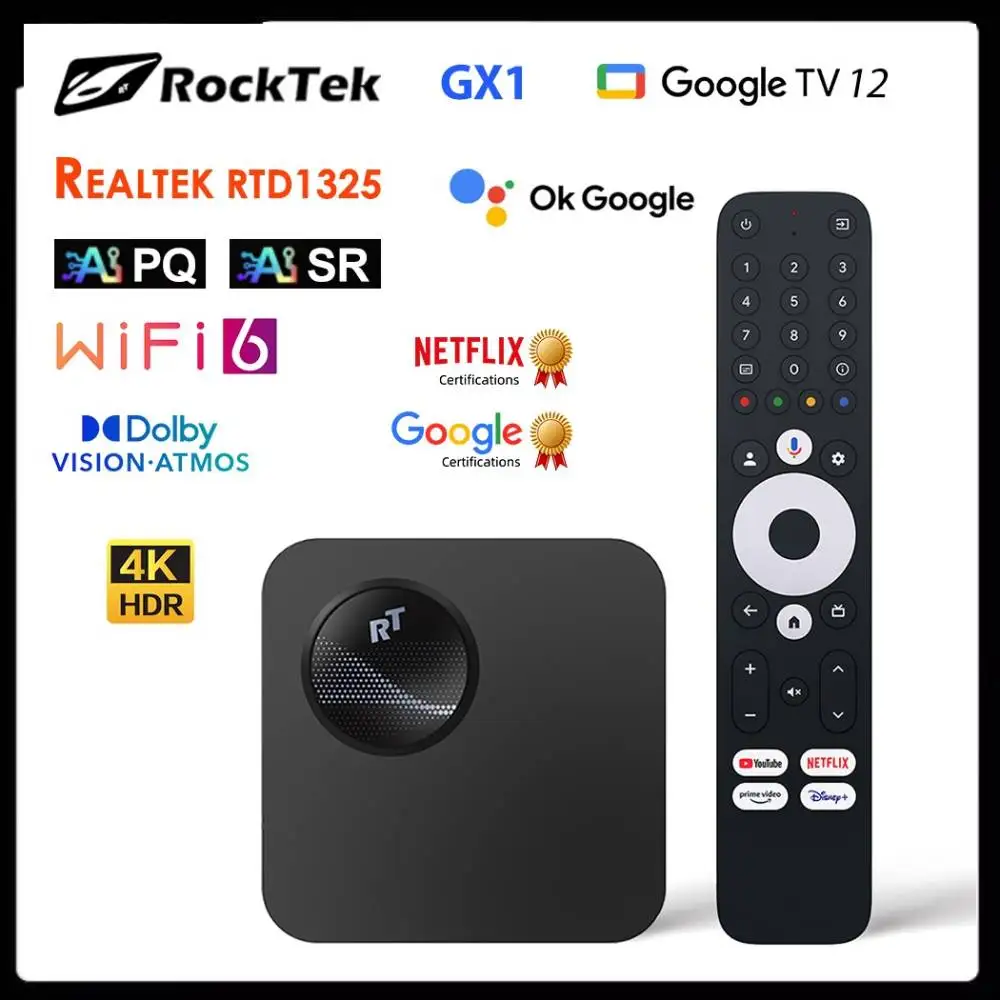 Netflix Certified Google 12 TV Box RockTek GX1 UHD Realtek1325 A55 Edge AI Support Dolby Atmos Vision 2T2R Android TV Box