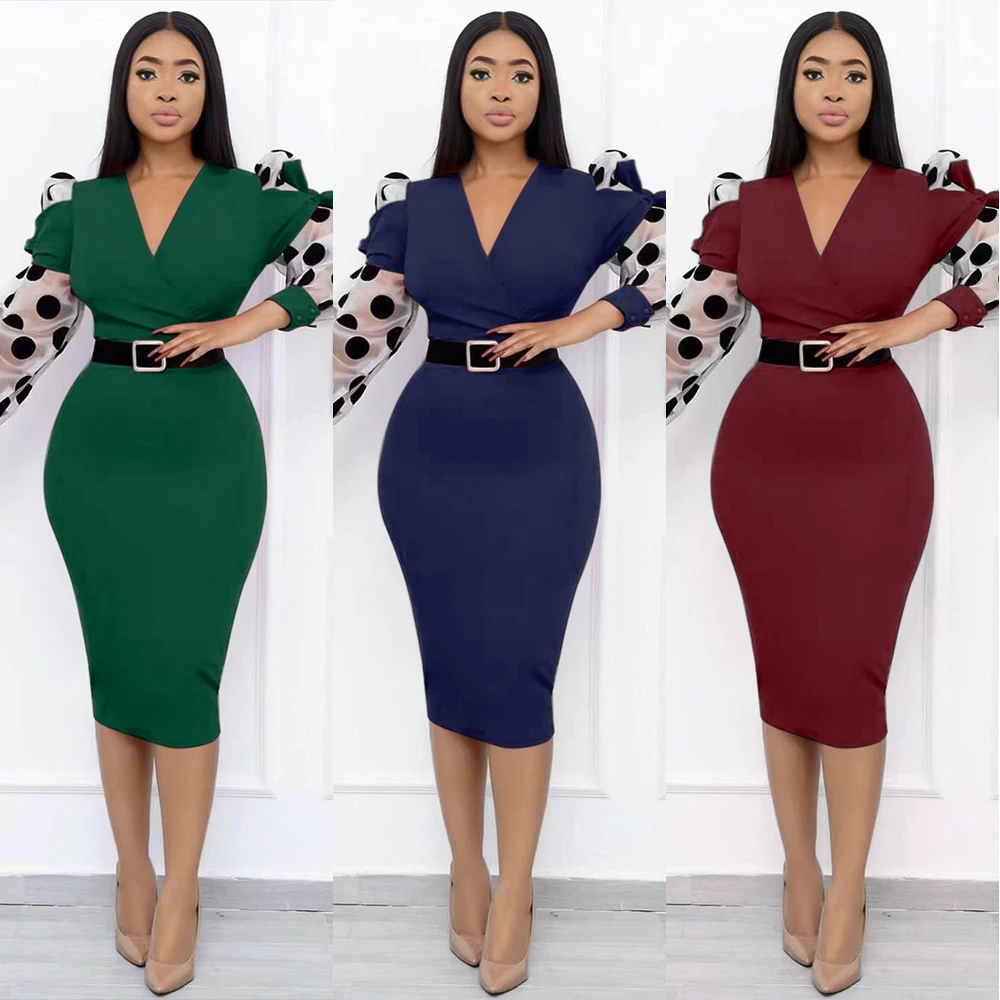 

Африканские платья для женщин, прозрачные рукава в горошек, модное офисное повседневное платье больших размеров, среднее платье, женская одежда