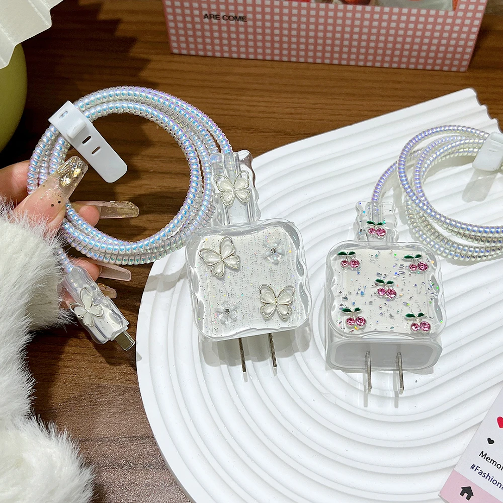 Glitter Butterfly Cherry For iPhone 20W Charger Protective Cover Winder Charging Data Cable Protector Case Accessories Sleeve