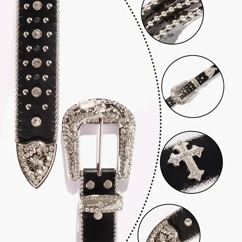 

Black Cross Rivet Belt Engraved Buckle Rhinestone Decor PU Belt Hip Hop Jeans Pants Belt Punk Western Cowboy Cowgirl Belts 246