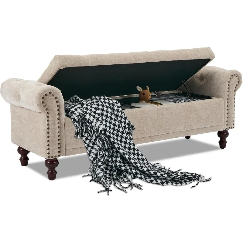 Storage Bench Upholstered Chenille End of Bedroom Bed Bench Ottoman with Tufted Cushioned Rolled Arm