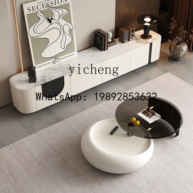 LYY Living Room Simple Modern New Round Coffee Table Floor Cabinet Tempered Glass Tea Table TV Cabinet Set