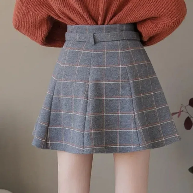 Korean style plaid skirt shorts A-line high waisted mini skirts for women kawaii autumn winter wool short skirts with belt