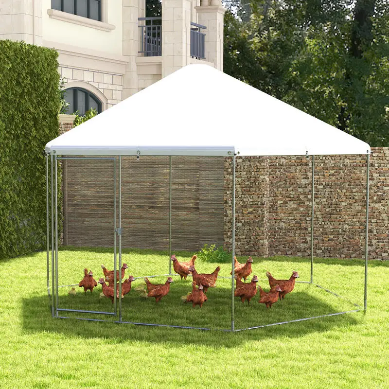 

13FT Large Metal Hexagonal Chicken Coop with Wire Mesh and Lockable Door