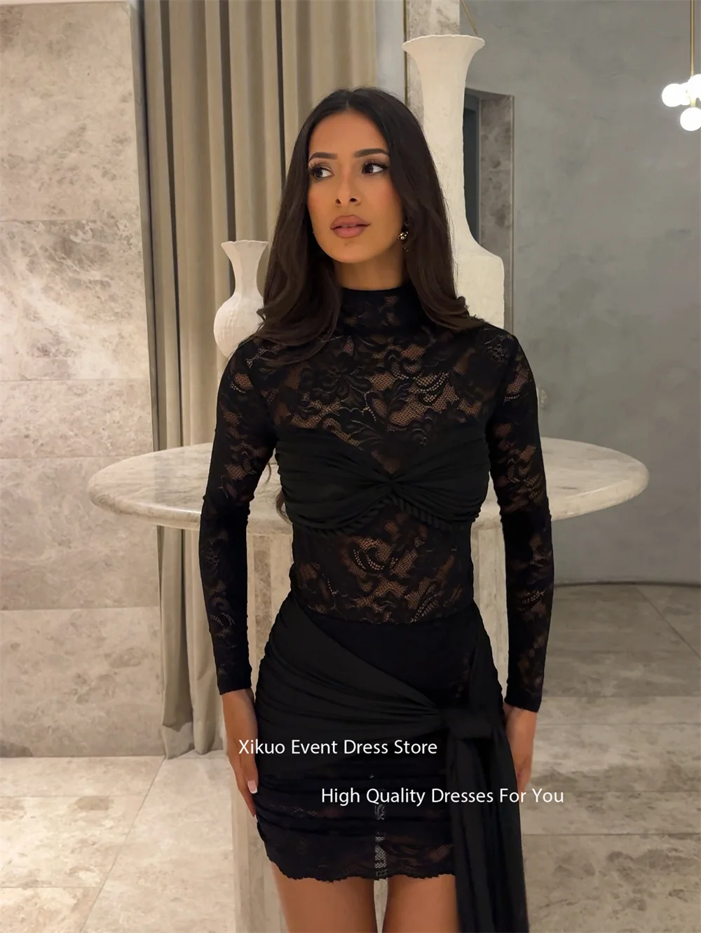 Xikuo Illusion 블랙 미니 길이 댄스 파티 드레스 하이 넥 레이스 드레스 2025 여성 아플리케 비대칭 밑단 이브닝 가운 맞춤형