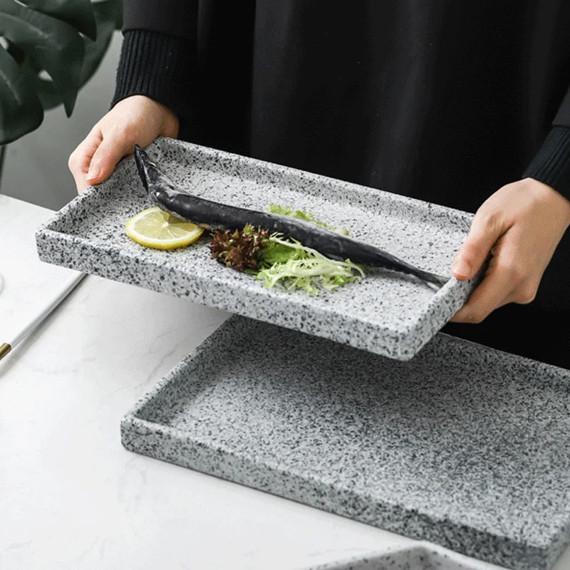 Ceramic Pastry Tray Imitation Granite Stone Steak Dish Breakfast Plate Pizza Pasta Tray Steak Dessert Dishes Tableware