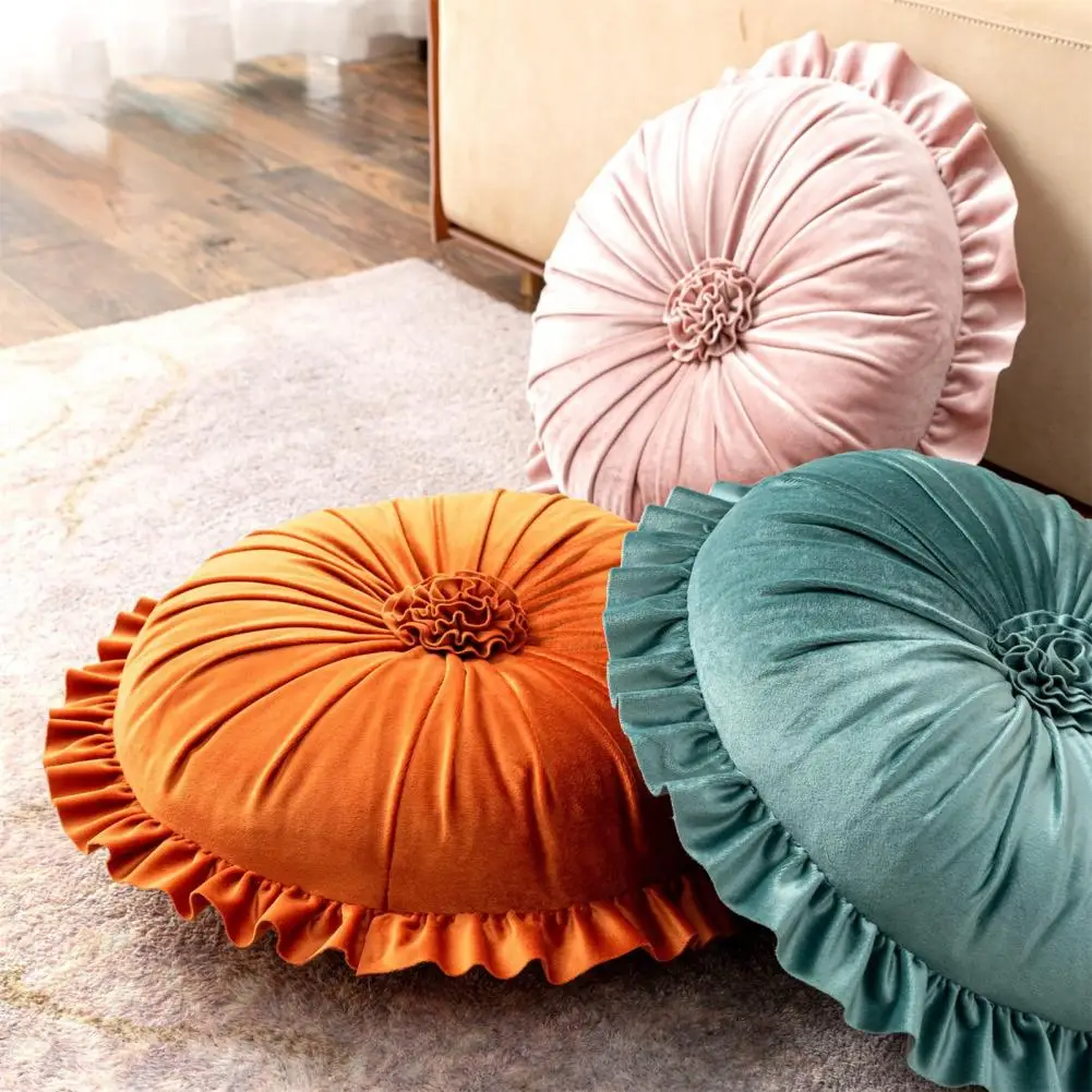 Seat Pillow Comfortable Touch Dutch Fleece Ruffle Solid Colour Round Elastic Sofa Cushion Full Filling Decorative Plush Pillow