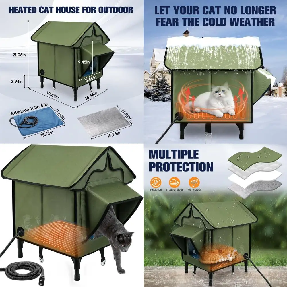 

Insulated Outdoor Cat House with Heated Pad, Waterproof Shelter for Feral Cats, Green Elevated Bed 21x19.4x16.5 in