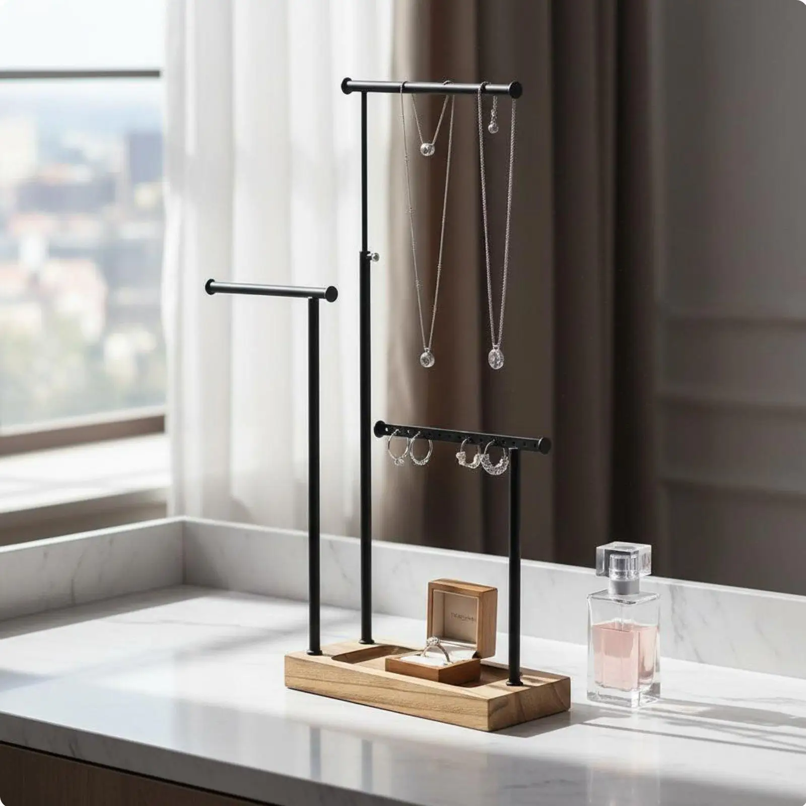 Desktop Display Shelf with Wooden Base Jewelry Stand for Long Necklaces Earrings Organizer Women Storage