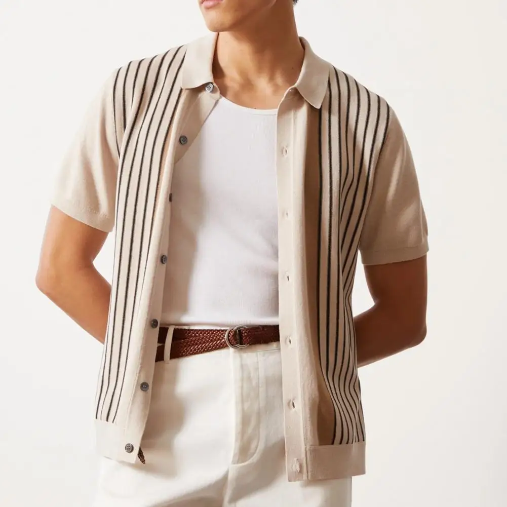 Summer Men Shirt Lapel Striped Single-breasted Cardigan Loose Short Sleeves Color Matching Knitted Stretchy Mid Length Formal Bu