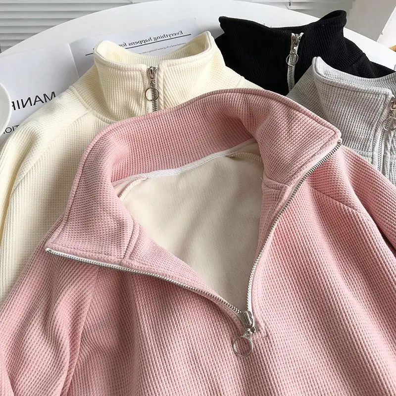 Turtleneck Hoodies Women Waffle Kangaroo Pocket Loose Street Wear Solid Schoolgirls Korean-style Trendy Plus Velvet Pullover New