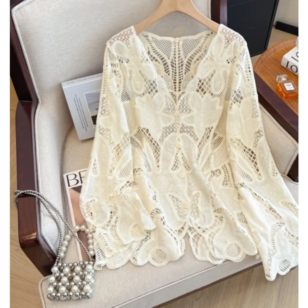 Casual Long Sleeve button loose Elegant cardigan V-neck Chic Hook Flower Hollow Out bohemian Top Plus Size Clothing