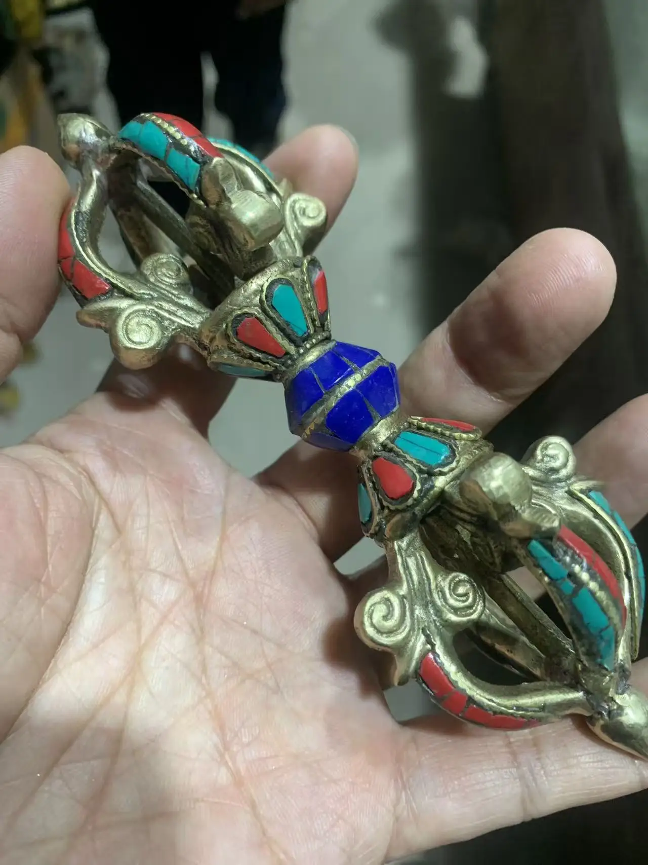 Antique old Chinese Tibet copper Buddhism drives the Devil Instrument,Inlaid turquoise & gems, dragon & phoenix, Free Shipping