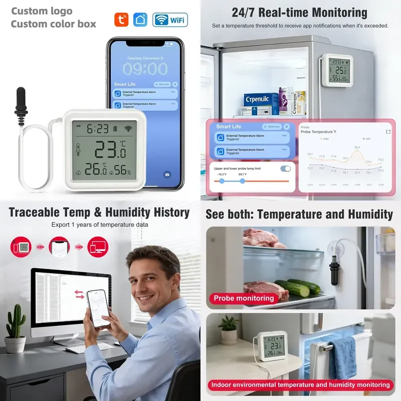 Smart Portable ABS 2-in-1 Fridge Room Thermometer APP 10m Detection Range Frequent Update