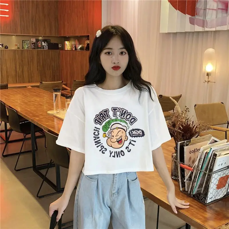 Or Sve Slim Fit Camiseta Mujer Verano Moda Cintura Alta Crop Top Blanco Efecto Adelgazante redondo Ne Commute Sle Polyes...