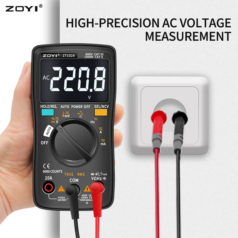 

ZOYI ZT-102 102A Portable Digital Multimeter Multifunction Tester 6000 Counts TRMS Backlight AC DC Ammeter Voltmeter Ohm Voltage