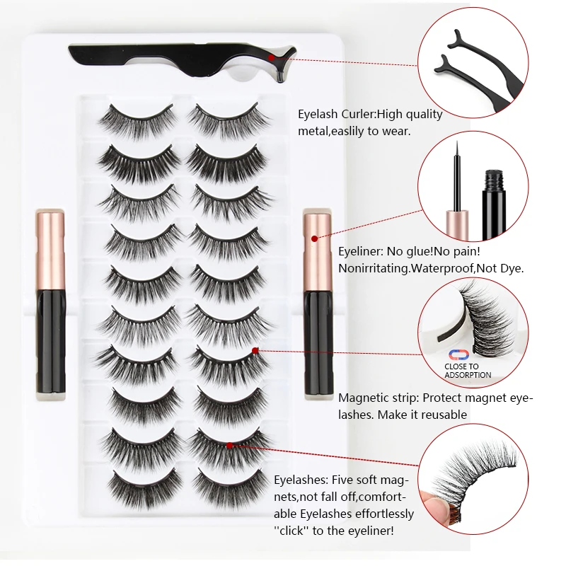 Magnetic Eyelashes Set 3/4/5/10 Pairs Natural Magnet False Eyelashes Makeup Kit Reusable Soft Mink Lashes Eyelash Extension Tool