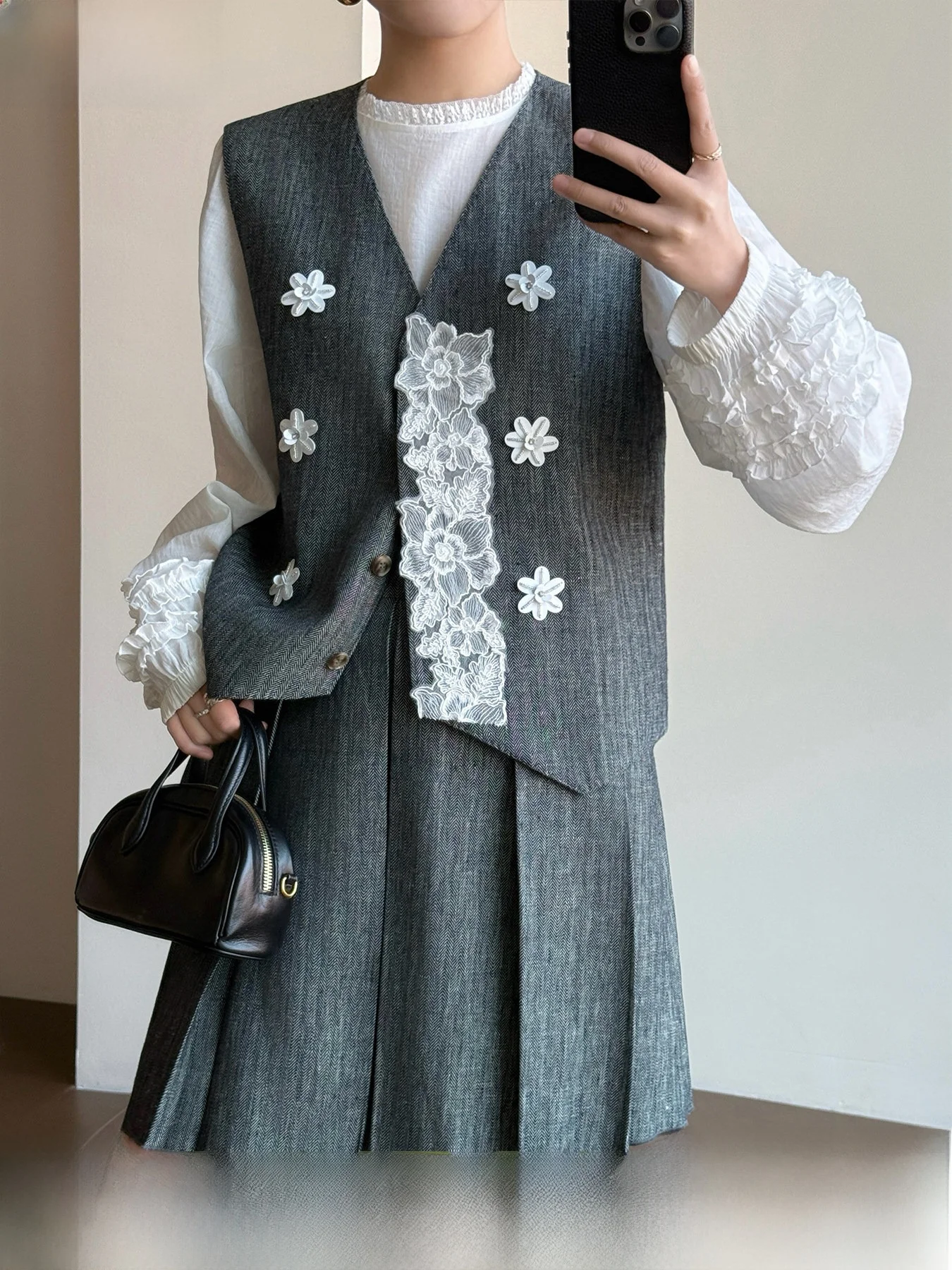 

Tasyavan Linen Cotton Gingham Pattern 3D Tailored Lace Trim Vest Skirt Set Women's Fashion Autumn Spring Two-Piece Suit