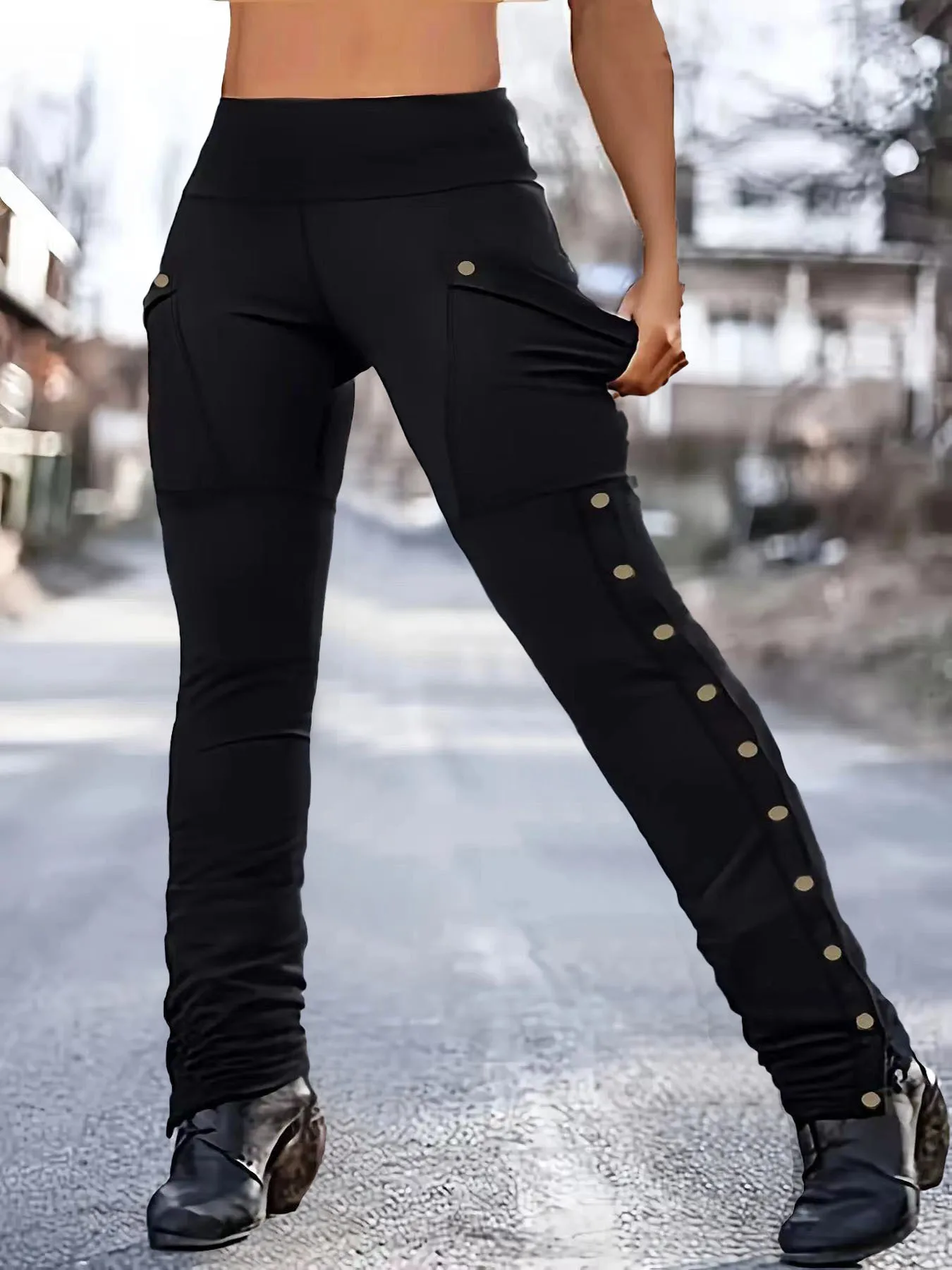 

Women's Fashion Solid Color High Waist Pants Autumn Winter Slim Street Style Slightly Elastic Side Pockets Splicing Clothing