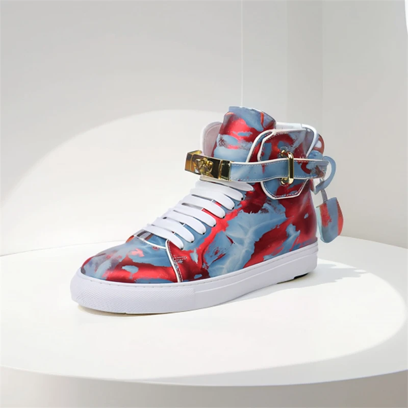 

Red Top Sneakers Men's Cow Leather Lace-up Patchwork Business Lock Croc-Sneakers Casual Shoes Luxe Women Flat Boots Shoes