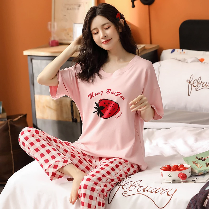 Summer Pajamas Set Women Comfortable Cotton Colorful  Short Sleeve Tops With Long Trousers Ladies Pj  Home Suit