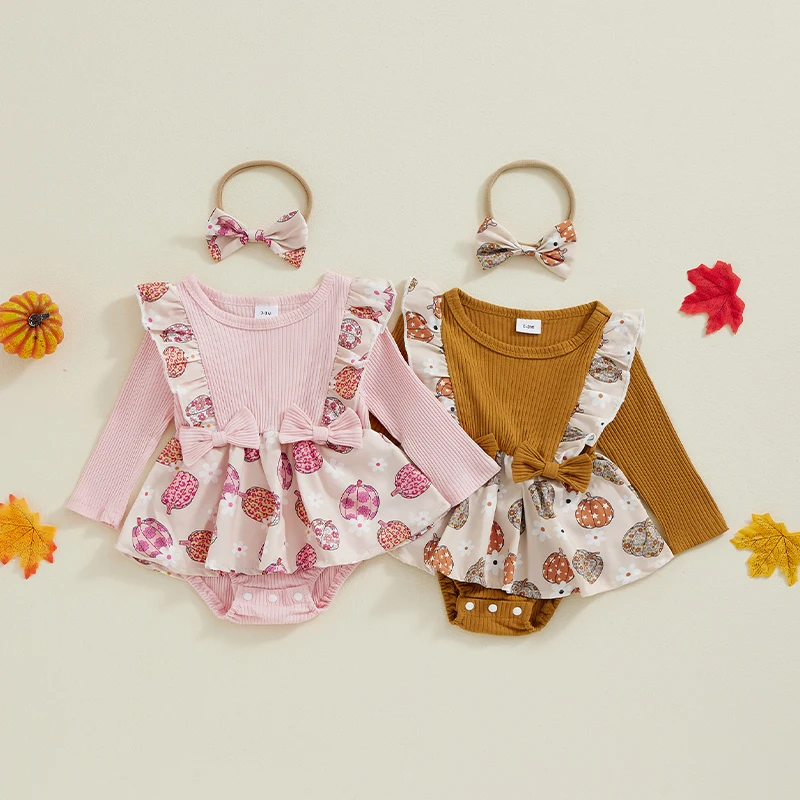 

Newborn Baby Girls Halloween Clothes Flying Sleeve Round Neck Pumpkin Print Rompers Dress with Headband 2Pcs Bodysuit Sets