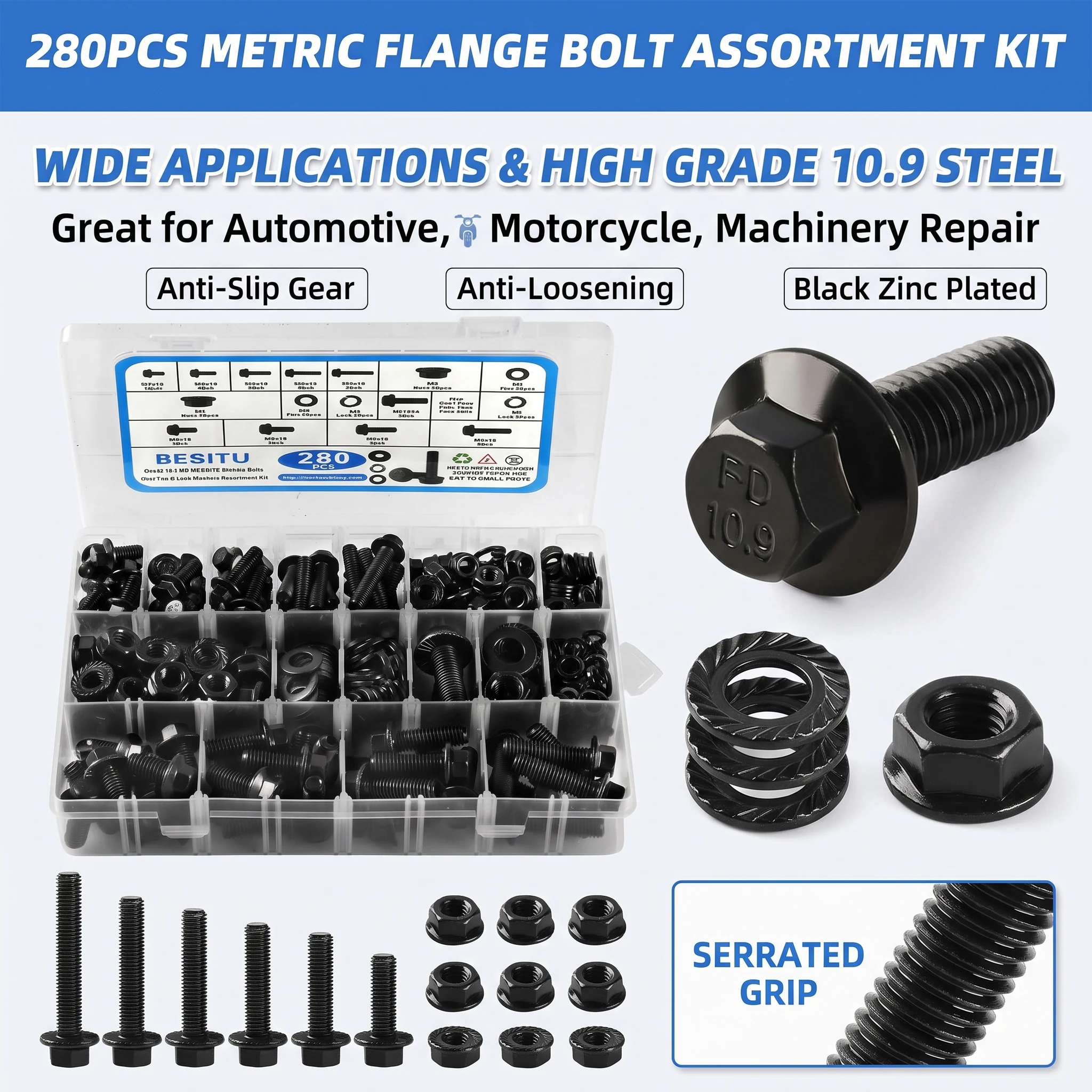 280Pcs Metric Flange Bolt and Nut Assortment Kit M6 M8 M10, Grade 10.9 High Tensile Steel Hex Serrated Flanged Screws Washers Se