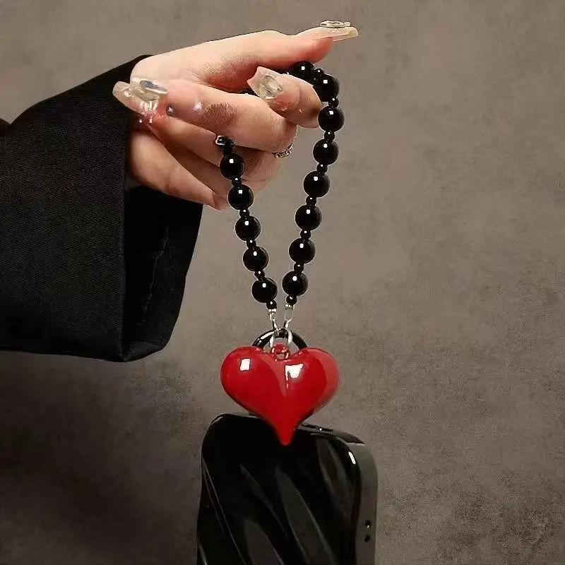 3D Red Love Heart Beaded Phone Lanyard Anti-Drop Hanging Strap Cute Jewelry Accessory for Girls Birthday Present Gift