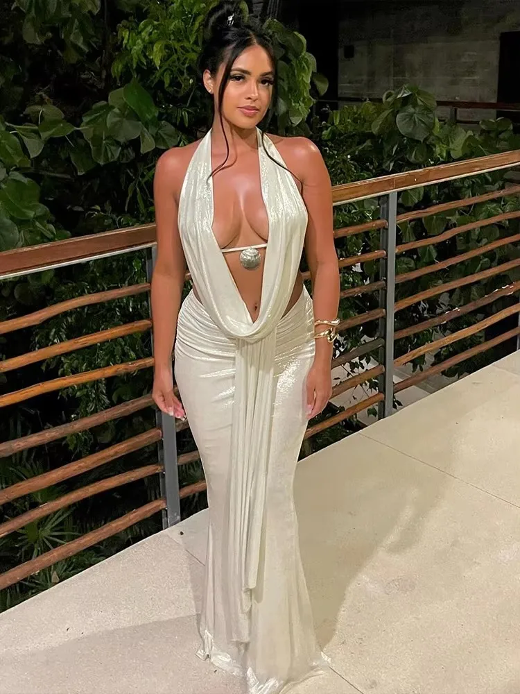 

Thin Sexy Women 2 Piece Set Glitter Sheet Metal Backles Shalter Tank Tops+Ribbon Skirts Tight Vacation Matching Suits