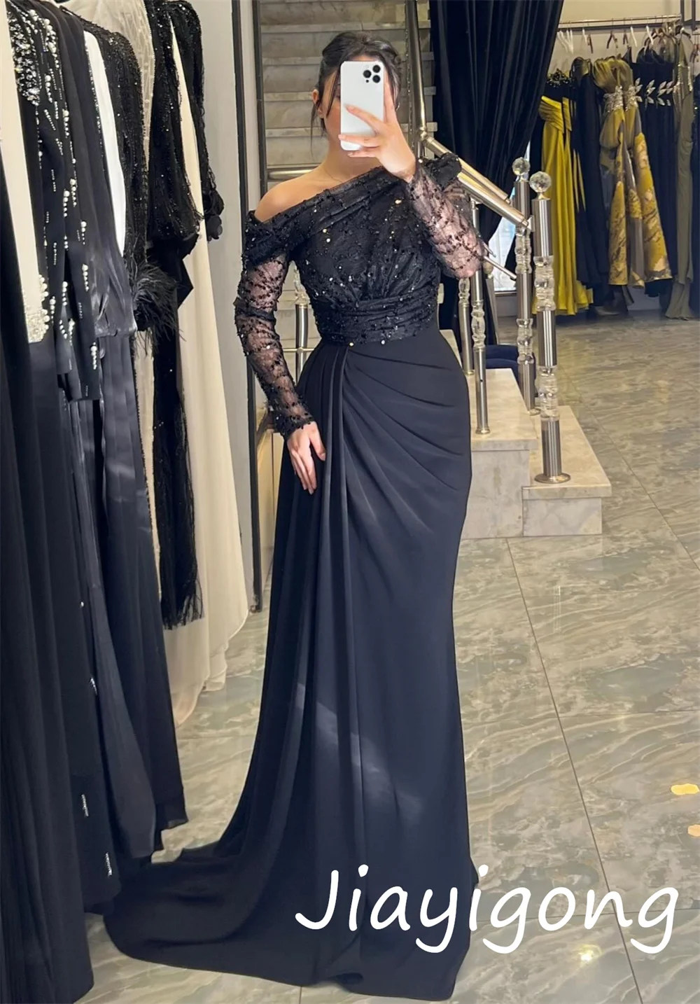 Customized High Quality Jersey Sequined Pleat Trumpet Off-the-shoulderLong Dresses Bespoke Occasion Sparkle