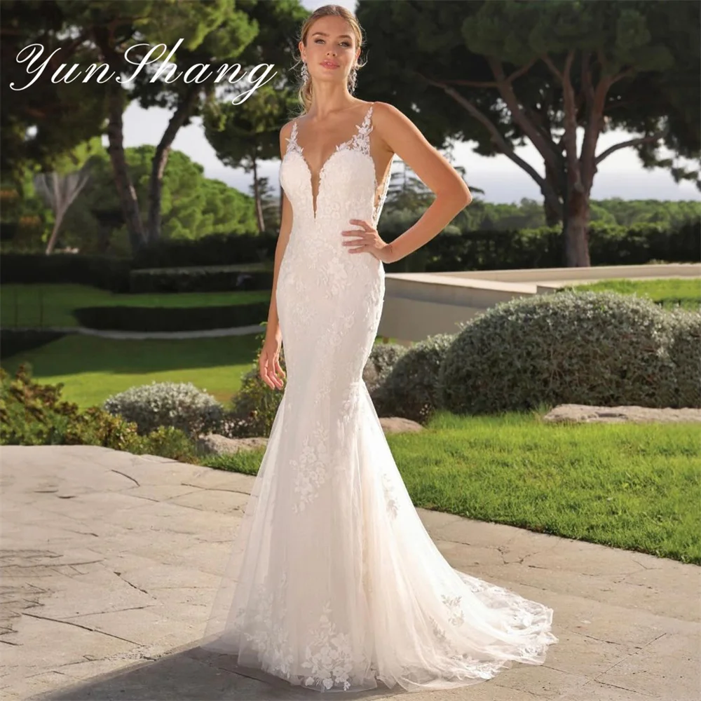 Yunshang Elegante Abito da Sposa a Sirena in Pizzo con Scollo a V Senza Spalline Aperto Indietro Abito da Sposa Treno Abiti da Sposa Custom Made