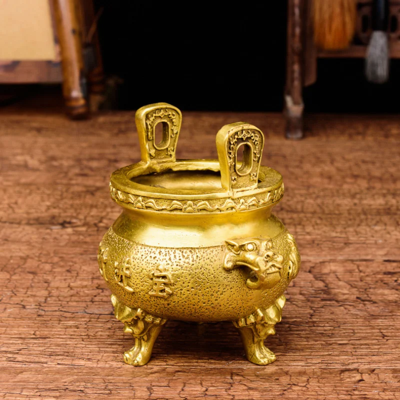 Exquisitely crafted brass , three-legged incense burner worship, small size for home use, golden and jad