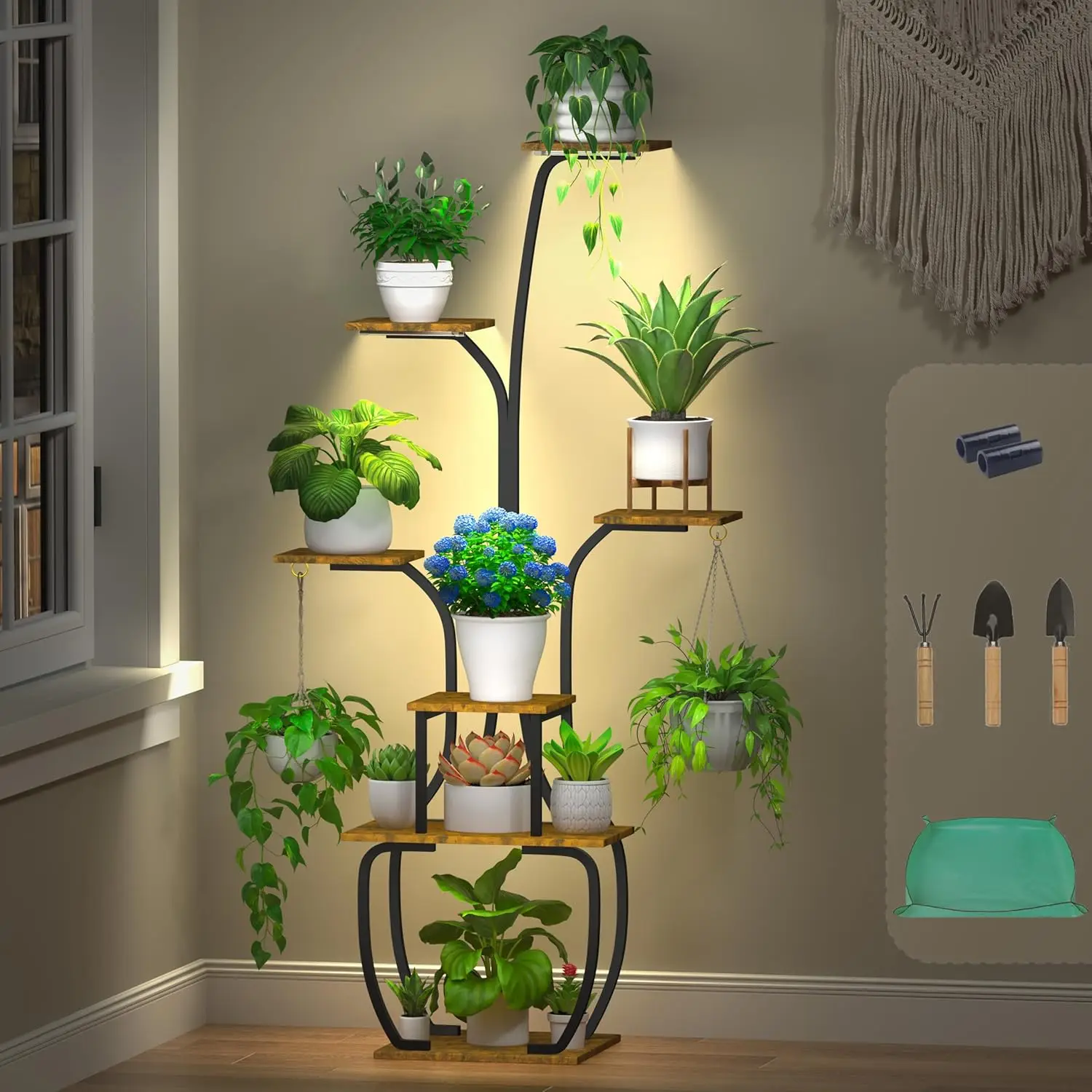 

55" Tall 7 Tier Indoor Plant Stand with Grow Lights, Large Vase-Shape Shelf for Living Room Corner in Black
