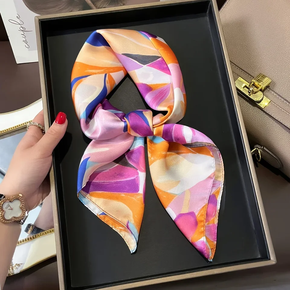 

27.6inch Colorful Print Square Scarf Simulated Silk Neck Scarf Mature Style Professional Versatile Small Scarf