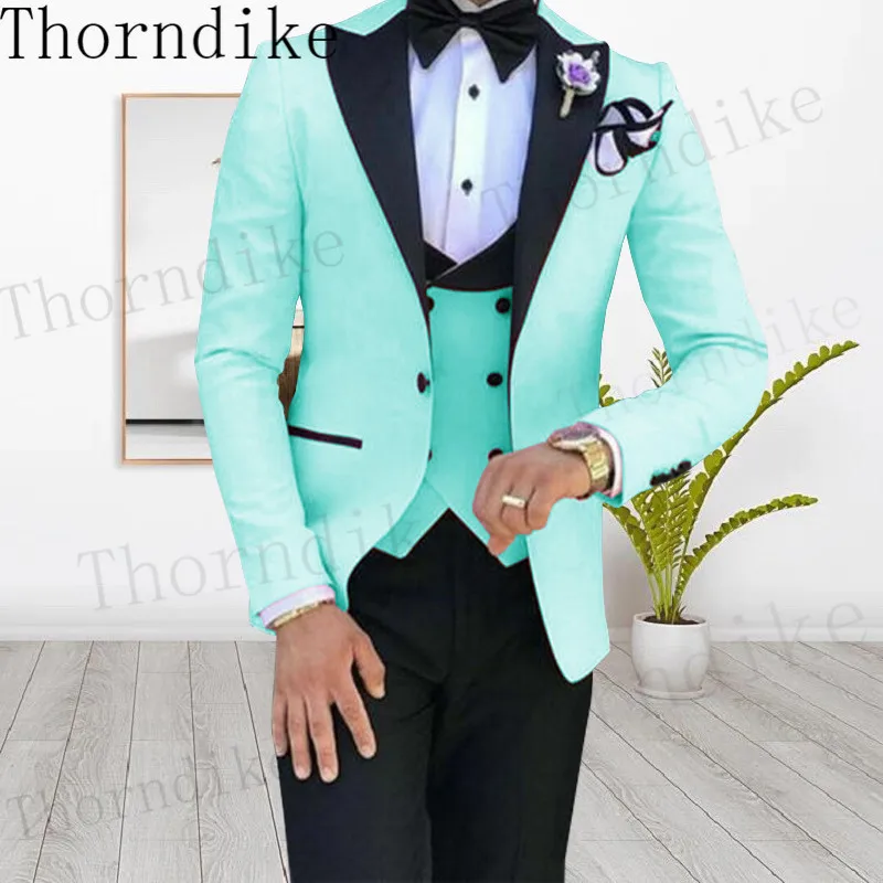 Thorndike New Arrival Mint Green Men Suit Blazers For Party Prom 3 Pcs Jacket/Vest /Pants Groom Wedding Suits Peaked Lapel Mens