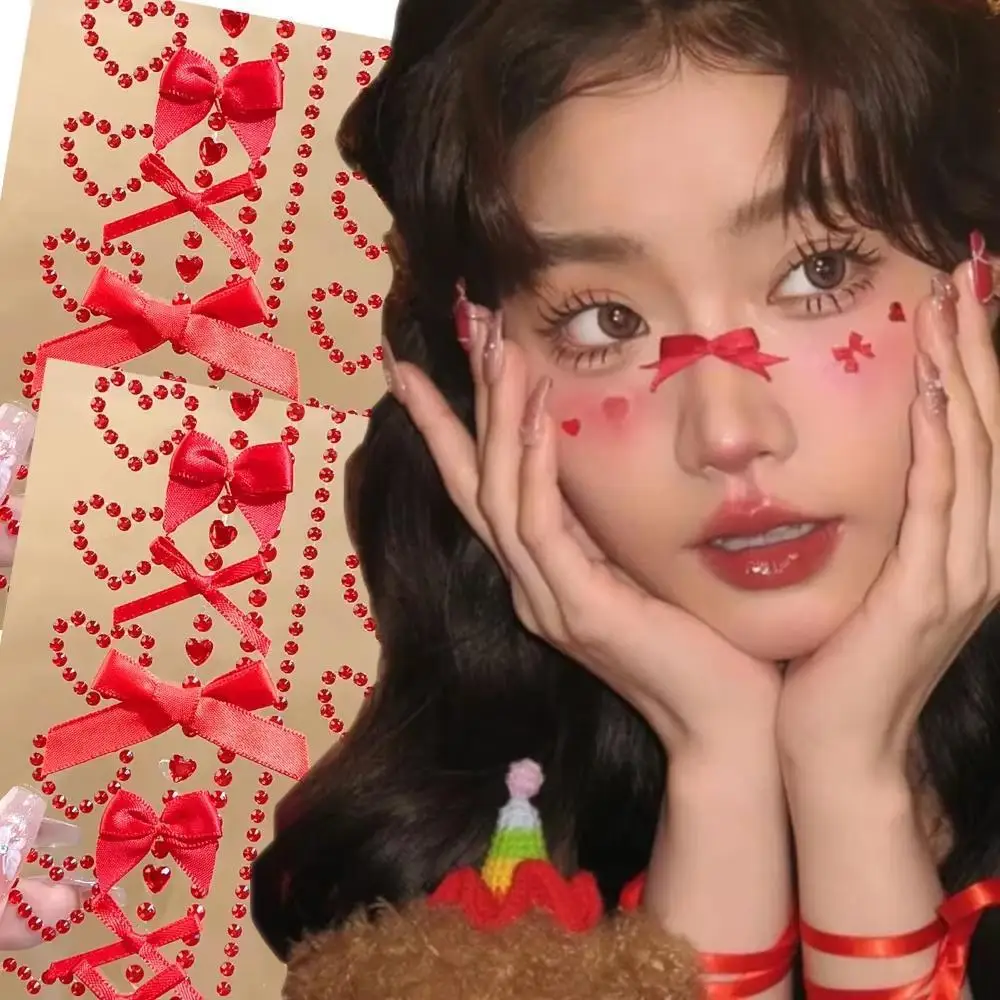 1 Sheet Red Ribbon Bow Sparkly Crafts Face Jewelry Crystal Diamond Tattoo Stickers Sweet Self Adhesive Heart Body Arts Party