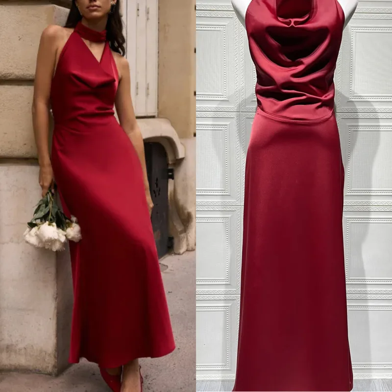 

Elegant Satin Halter Neck Dresses Sexy V-Neck Bodycon Dress With Pearl Back Details New Summer Fashion Banquet Dress For Women