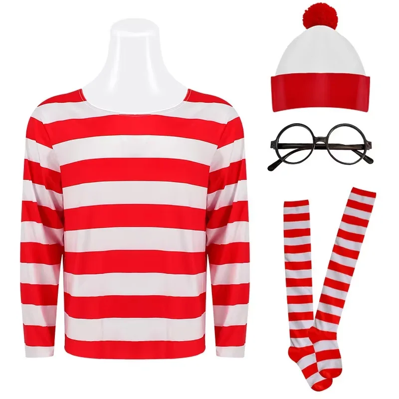 Wheres Waldo Cosplay Striped Shirt Youth Kids Wally Costume Shirt Glasses and Hat Socks Unisex Adults Christmas Cosplay Costumes