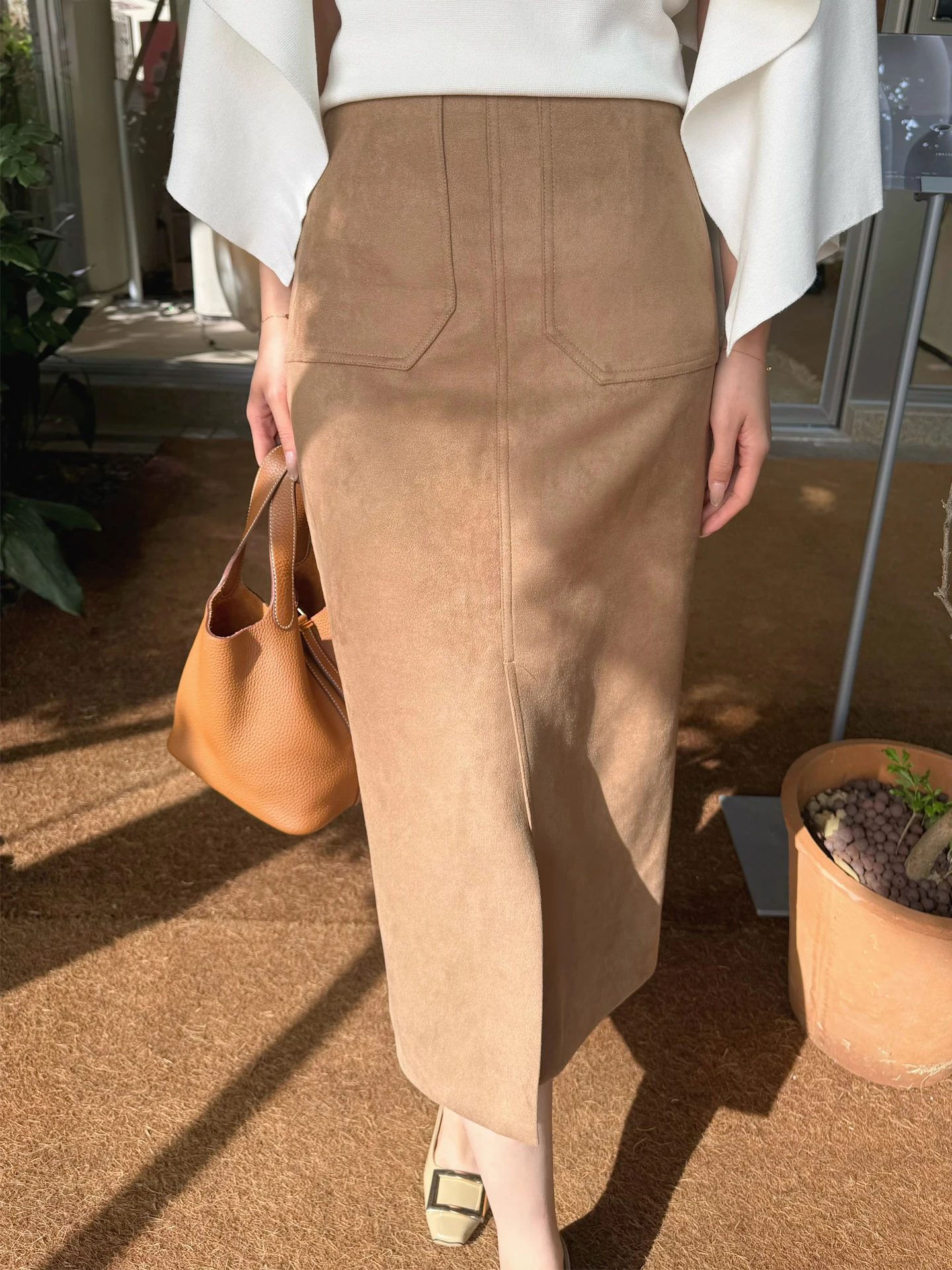 

Модная замшевая юбка с высокой талией для женщин, осенне-зимняя, прямого кроя, с разрезом, универсальная, элегантная