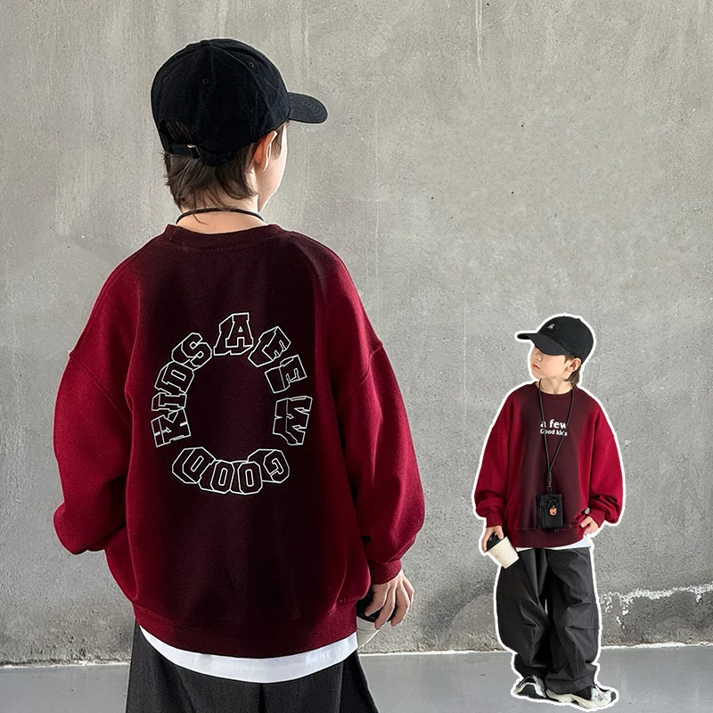 2025 New Spring Boys Cotton Sweatshirt Fashion Children Goods Outerwear Kidswear Kids Teenager Red Color Hoodie Clothing 5-14 Y