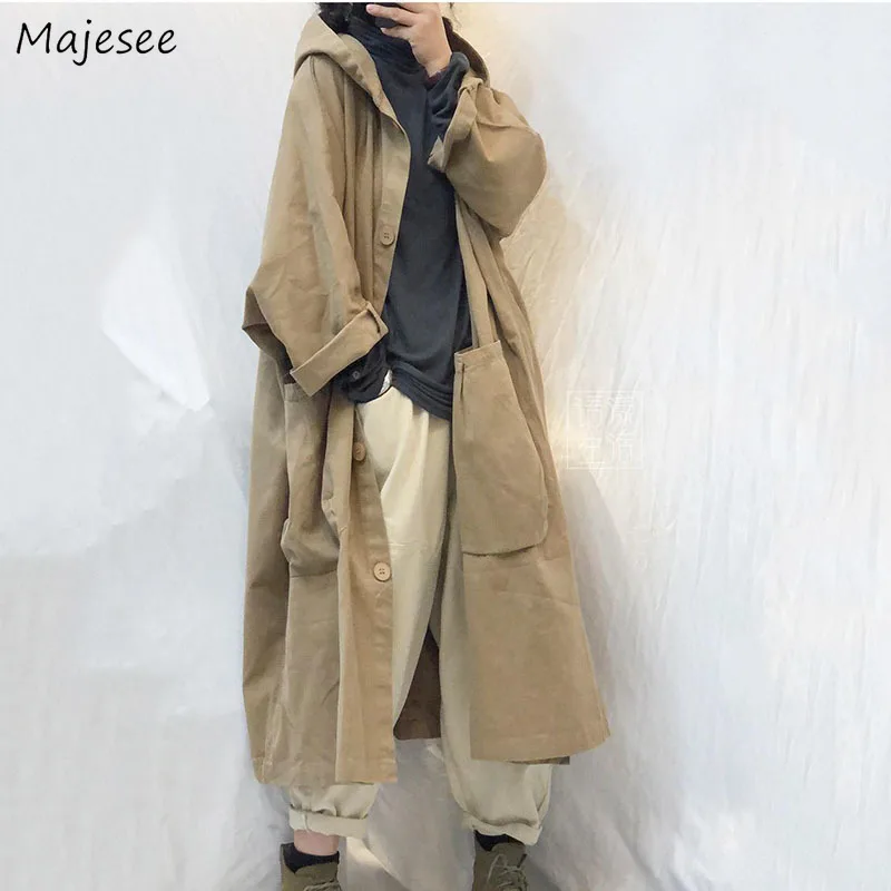 Trench Women Hooded 3 Colors Pockets Loose Spring Cargo Minimalist Popular Couple Japan Style Street Outerwear Ins Leisure 2021