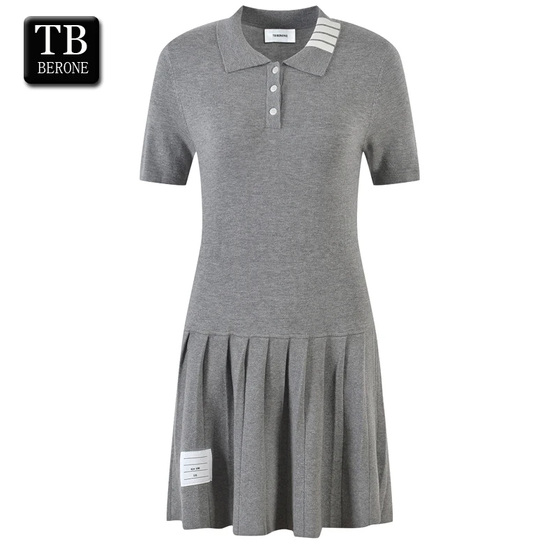 

TB BERONE Women Turn-down Collar Dress Summer Thom Brand Polos Collar Knee-Length Casual Women's Pleated Dress