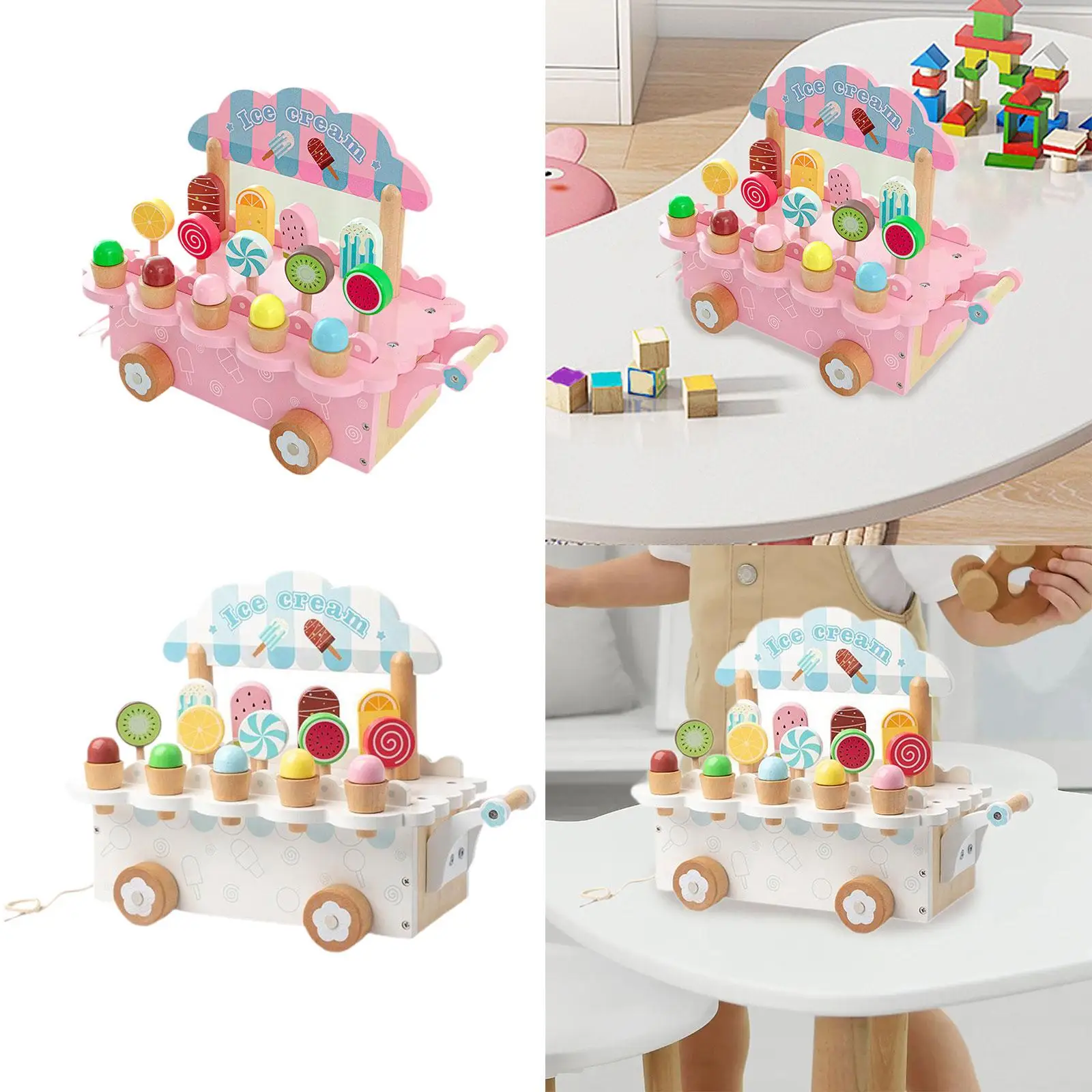 Wooden Ice Cream Set Role Play Kitchen Accessories Education Pretend Play Toys for 3-8 Year Old Boys Girls Birthday Gifts