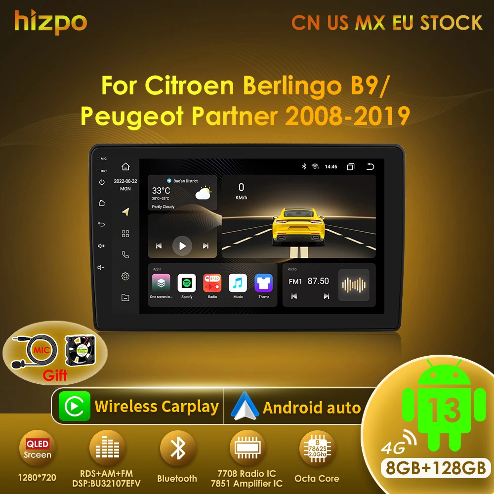 

Hizpo Car Radio For Citroen Berlingo B9 Peugeot Partner 2008 - 2019 Wireless CarPlay Android 13 Navigation 2din Autoradio Stereo