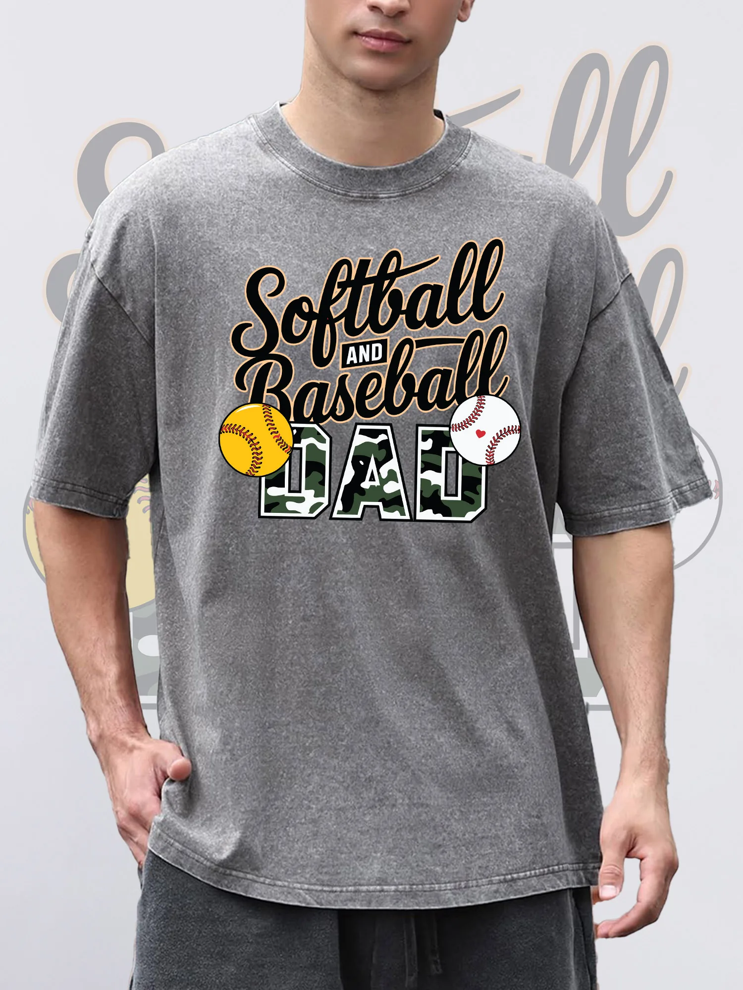 

Men's T-ShirtsSport Dad Printed Grey Short-Sleeved Round Neck Loose Summer 100% Pure Cotton Acid Wash Suitable For Thanksgiving