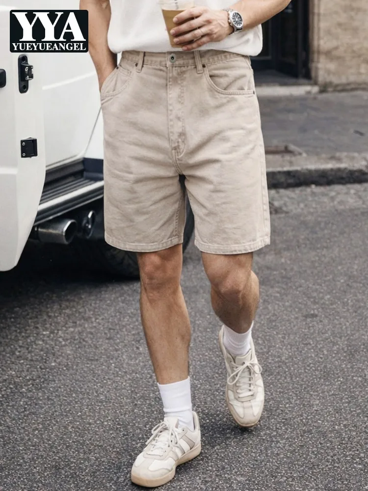

New Summer Mens Cotton Shorts Solid Color Knee Length Straight Trousers Button Fly Daily Leisure High Street Male Vintage Shorts